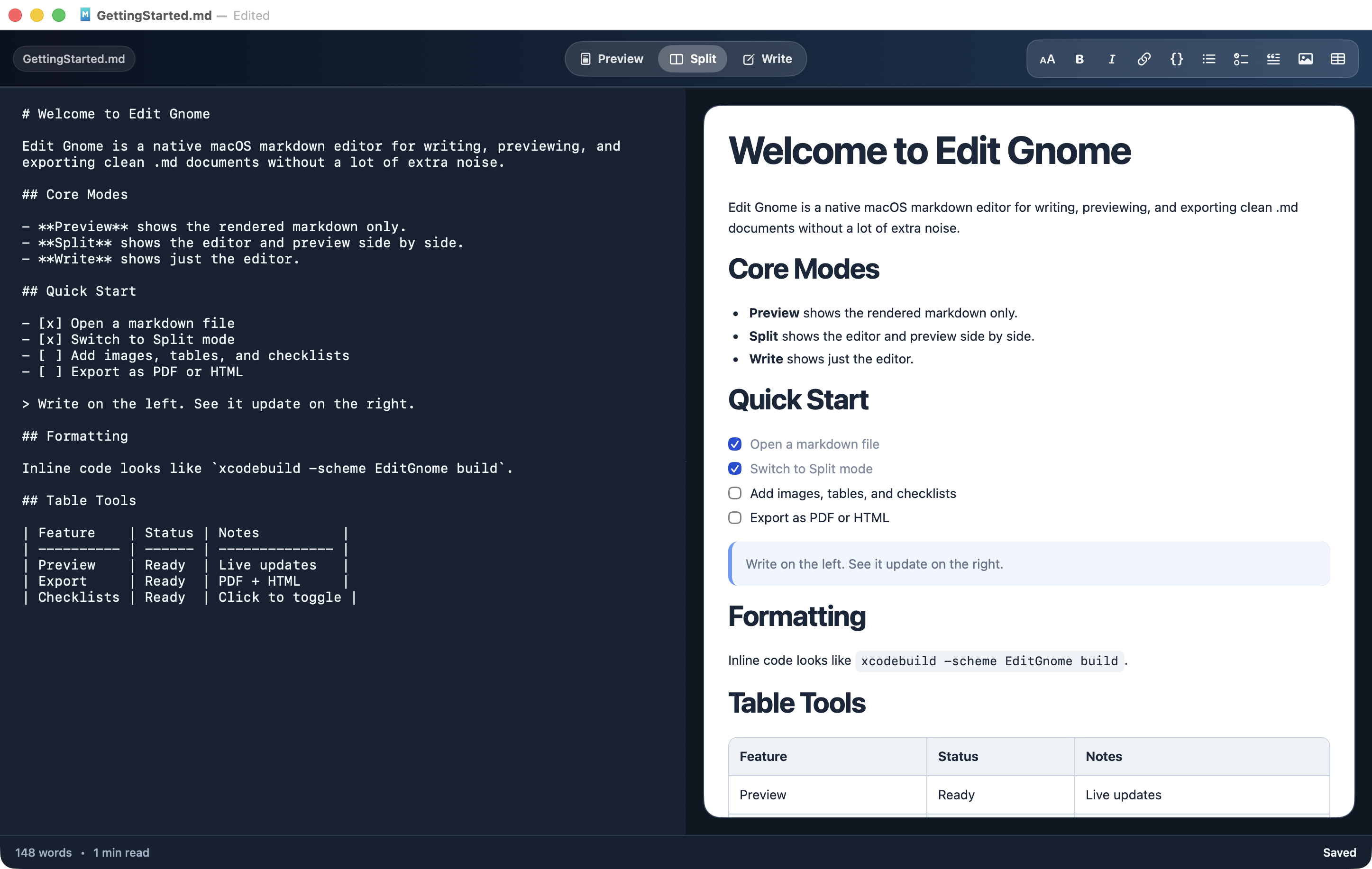 Edit Gnome split mode — markdown editor beside live preview