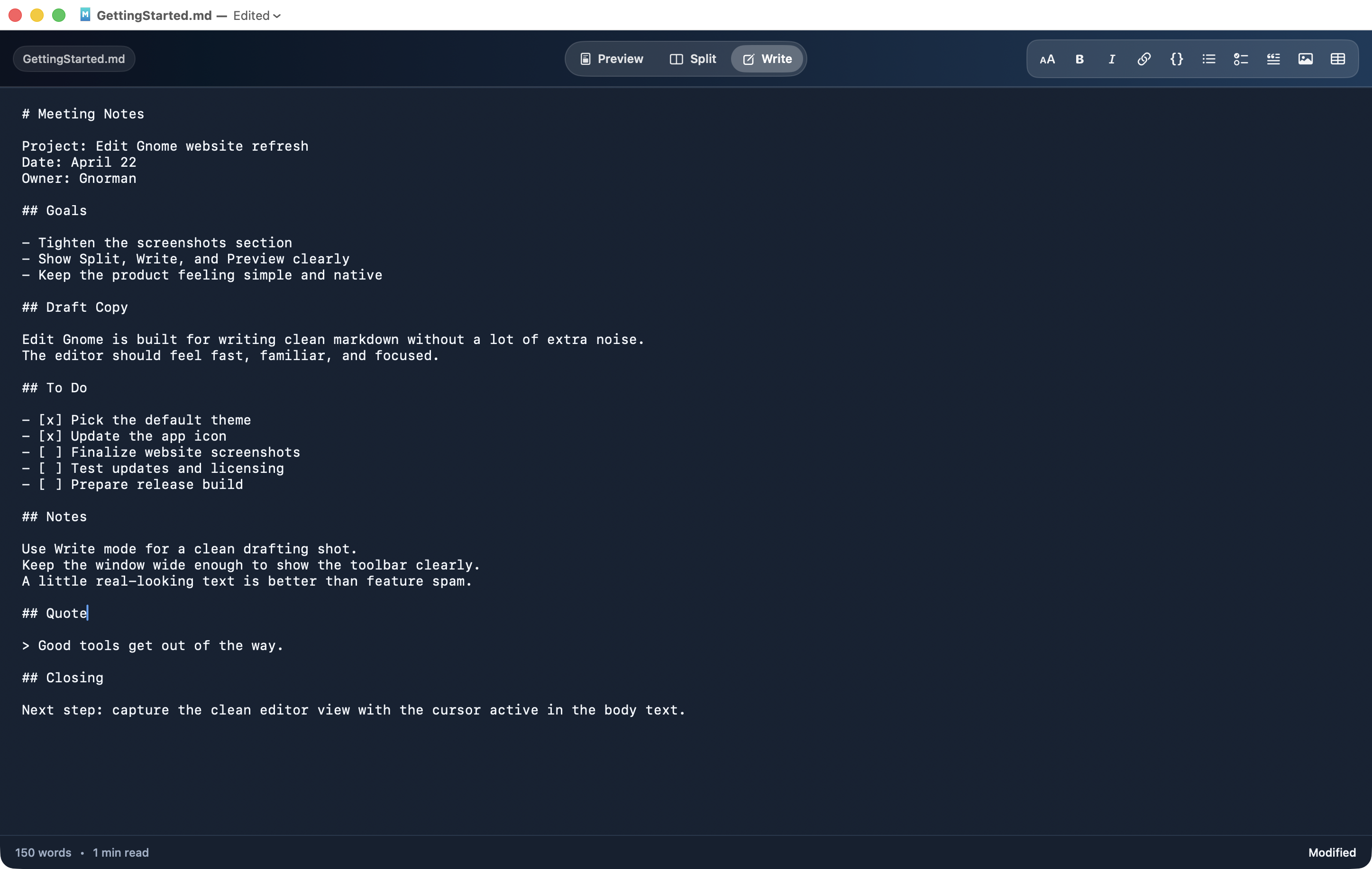 Edit Gnome write mode — focused editor view